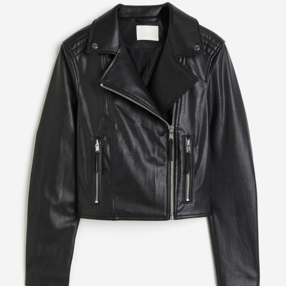 H&M Fitted biker jacket in coated fabric. Notched lapels with snap fasteners